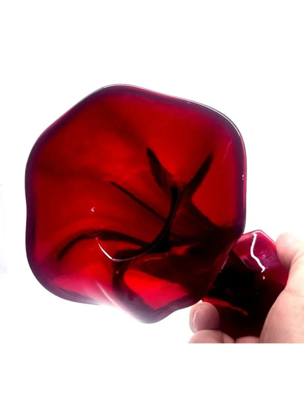 Vintage Ruby Red Glass Pedestal Vase with Flared Top & Hexagonal Base